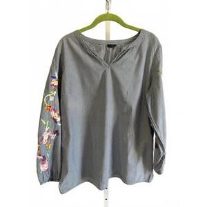Talbots Petite Women's Striped Long Sleeve Blouse with Floral Embroidery XL